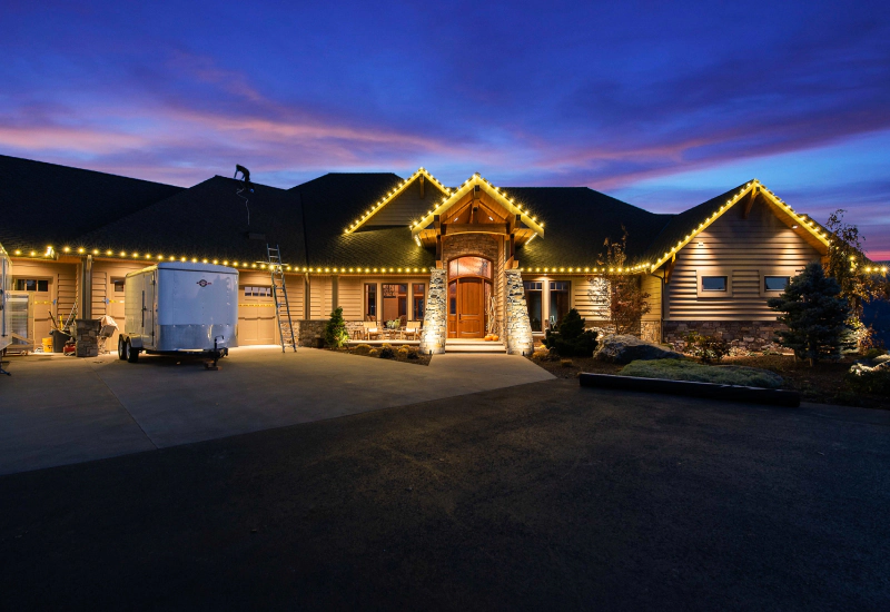 exterior view of a house with lights freshly installed